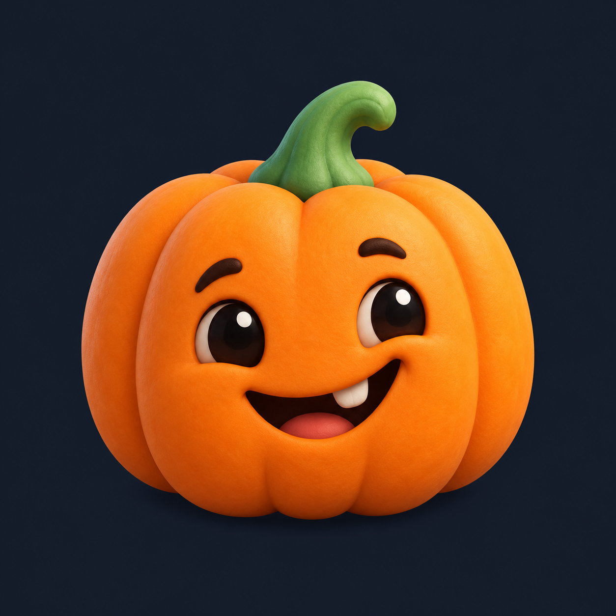 A cheerful orange pumpkin with big eyes, one little tooth and a curly green stem